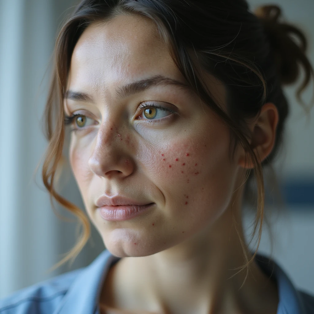 realistic woman with PCOS, face with acne marks and chin hair, slightly thinning hair, medical atmosphere, hyperrealistic 4K details emoji