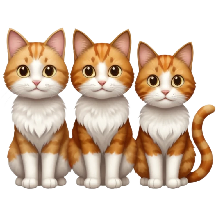 3 cats and each are different natural colours including brown tabby and white, calico, and ginger and white emoji