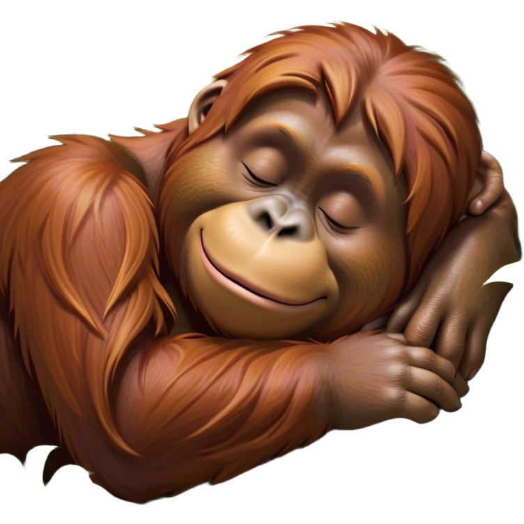 Meme-Worthy cute Sleeping Orangutan Portrait Emoji, Head resting peacefully with a contented smile, showcasing luxuriously soft fur and eyes gently closed in serene slumber, Simplified yet comically adorable features, highly detailed, glowing with a soft, drowsy jungle light, high shine, relaxed and utterly lovable, stylized with an air of playful laziness, bright and heartwarming, soft glowing outline, capturing the essence of a sleeping orangutan that feels destined to become the next viral icon of adorable rest! emoji