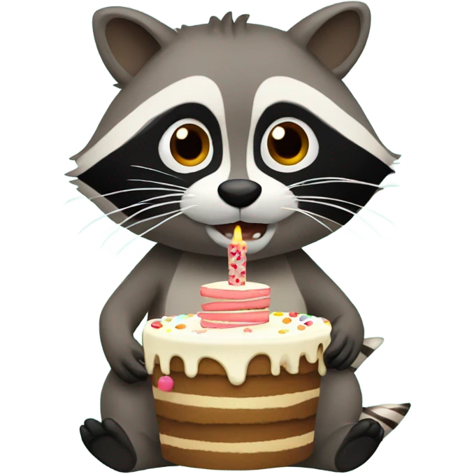 Raccoon eating birthday cake and drinking coffee emoji