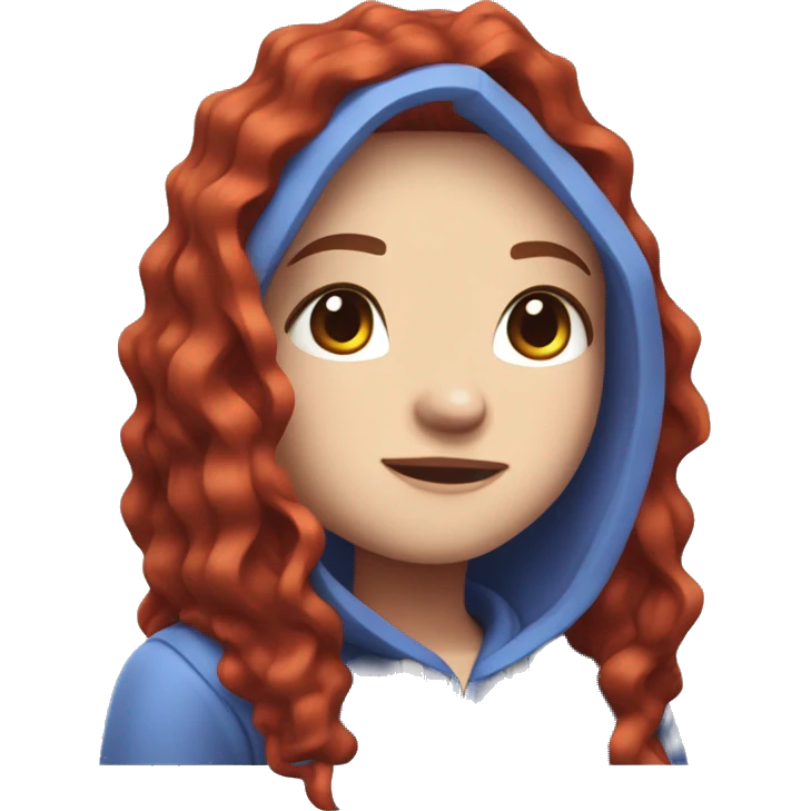 a white girl with long red curly hair, wearing periwinkle Minecraft hoodie playing a videogame emoji