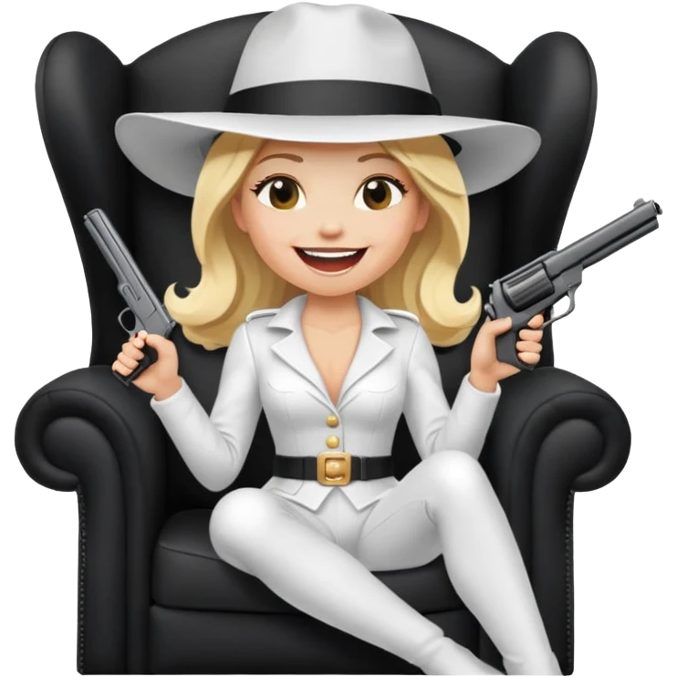 Mafia blondes Laughter lol woman in hat , gun ,black armchair , white costume  emoji