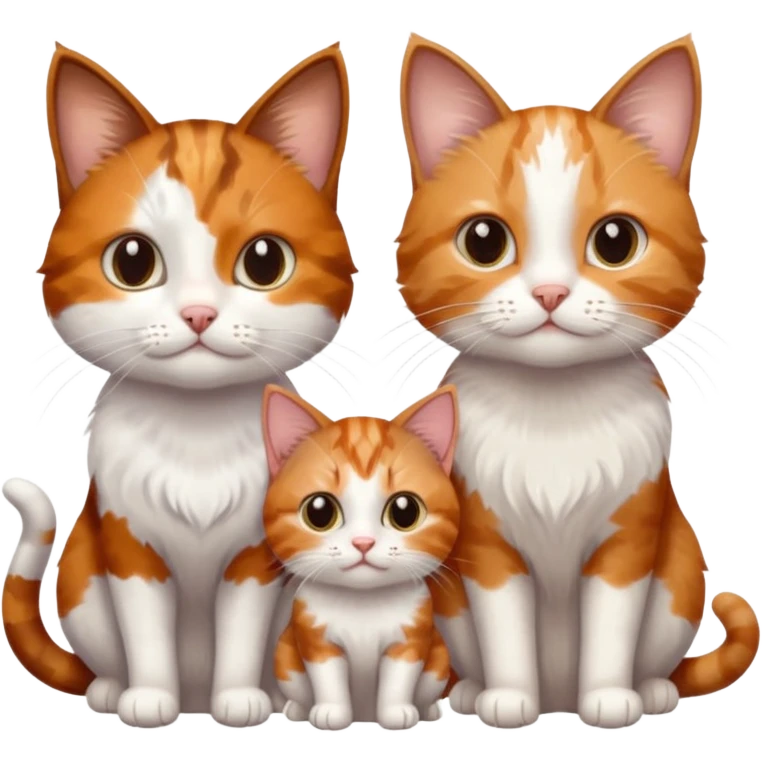 3 small cats each are different colours including a brown tabby and white, a patchy calico, and a ginger and white emoji