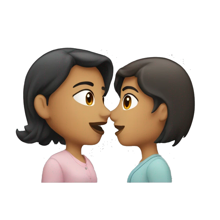 Two lesbians kissing on the lips. Both have long dark hair. Their skin color is white. emoji