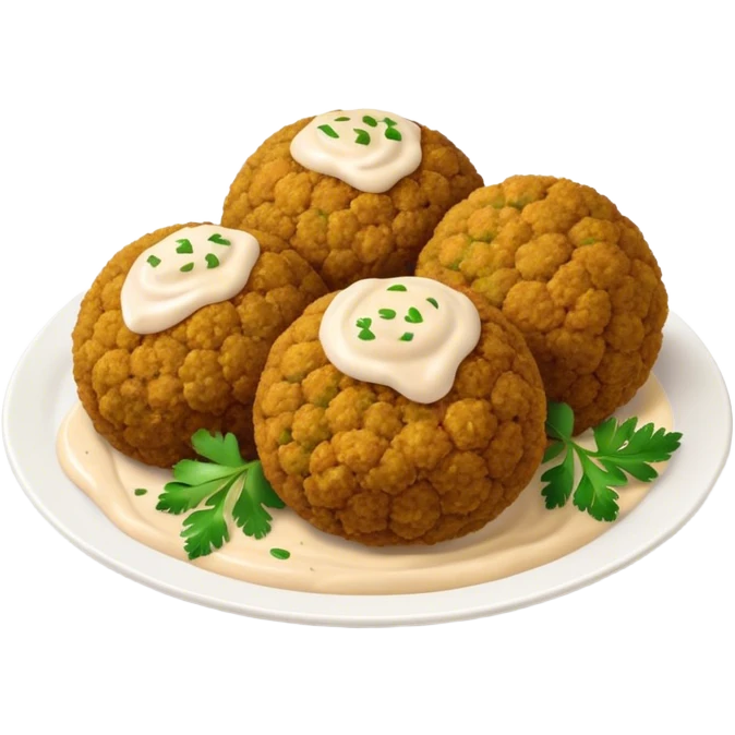Cinematic Realistic Falafel Dish Emoji, depicted as crispy, golden falafel balls served with tahini sauce rendered with lifelike textures and vibrant, appetizing lighting. emoji