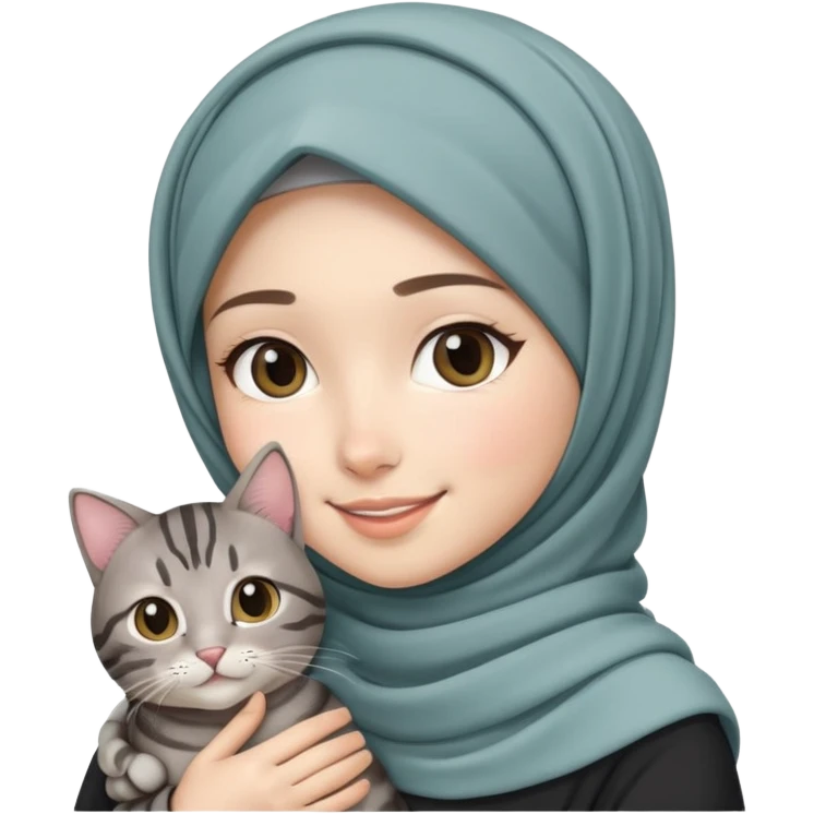 Asian white girl wearing pretty hijab holding a black grey tabby cat with smiling emoji
