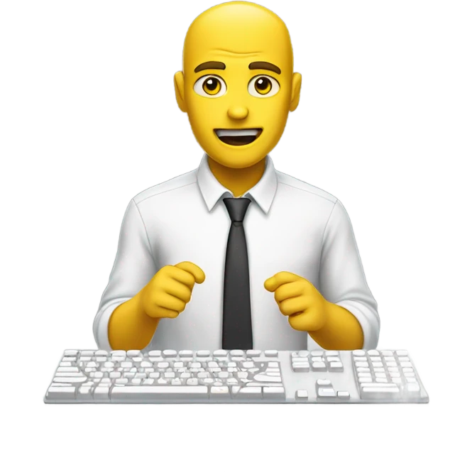 yellow skin man using white keyboard on desk wearing white button down shirt front view emoji
