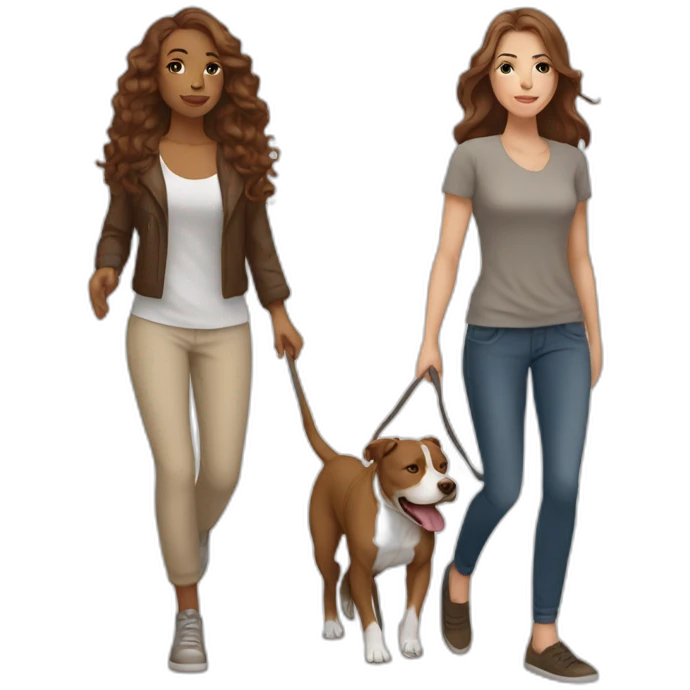 White woman with long wavy brown hair walking tan and white pitbull emoji