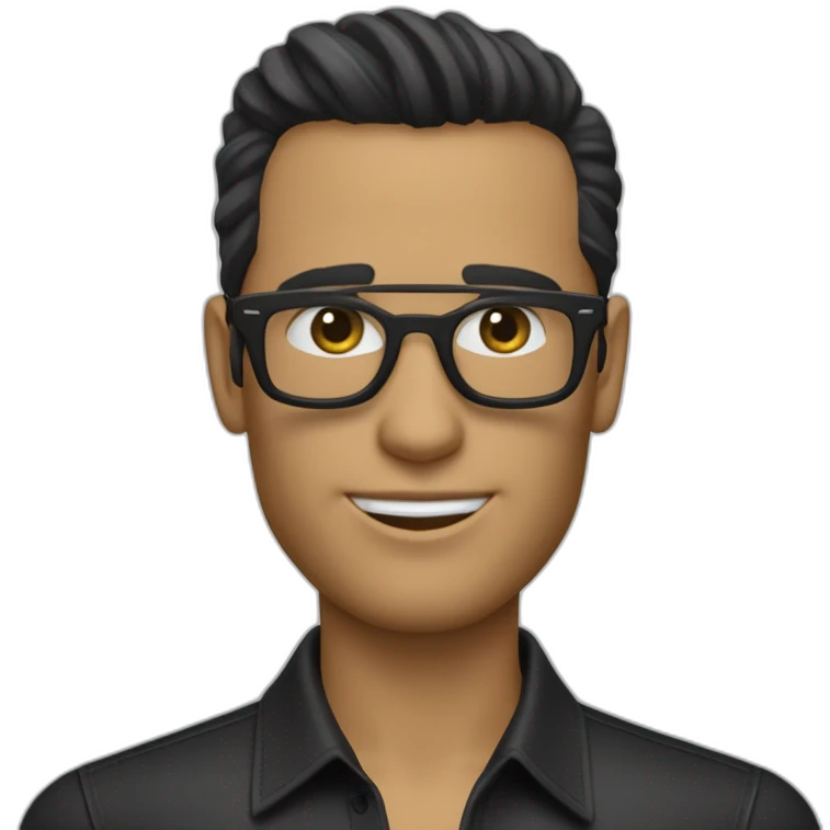 Creame un emoji de un hombre con el pelo negro y gafas, que tenga una camisa cuello redondo con unas letras que digan HUGO BOSS emoji