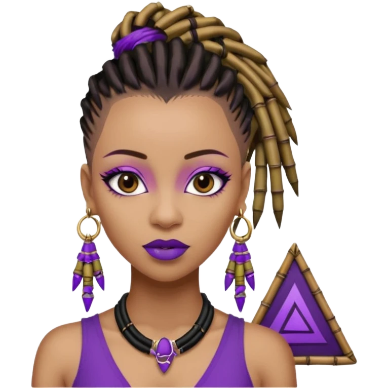 Black queen with a  dreads mohawk hairstyle, purple lipstick,  purple eyeshadow,  bamboo triangle earrings with the name Draya personalized on them.  emoji