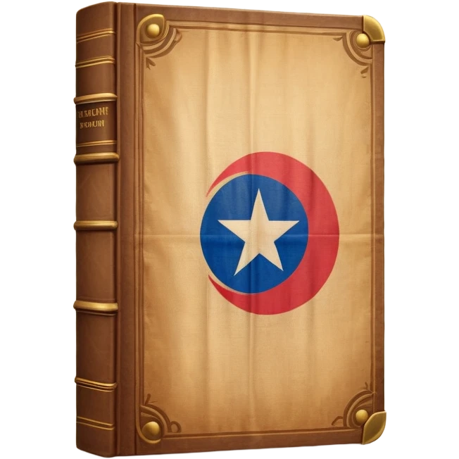 Ancient book with Puerto Rican flag on leather cover, theater curtain symbol carved in wood, warm vintage parchment textures, soft golden glow representing timelessness and theatrical heritage emoji