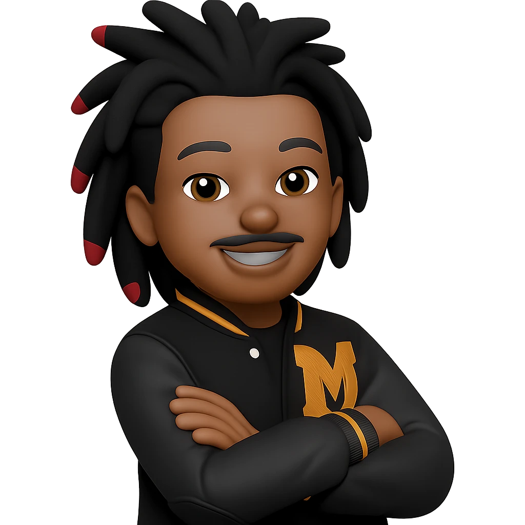 Create a male African American emoji with his hairstyle and features from the first reference photo, wearing a letterman jacket with an M on it, arms crossed and smiling, with a pencil mustache. The style should match the 3D cartoon style of the second reference image. Remove the background. emoji