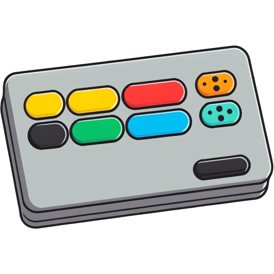 Gray rectangular game button box with black cord and four multicolored small circle buttons emoji