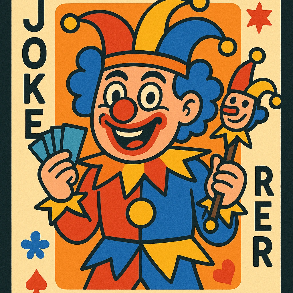 wacky joker clown playing card, vibrant colors, playful expression, whimsical details emoji