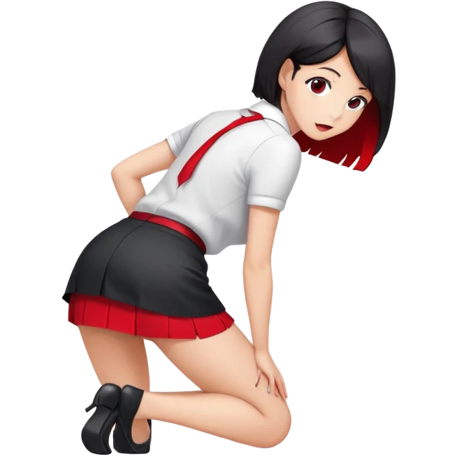 The girl is standing in a doggystyle pose in office clothes. The girl is dressed in office clothes, a short black skirt. Her hair is red. She is bent over, her butt is clearly visible, she is wearing white panties under her skirt emoji