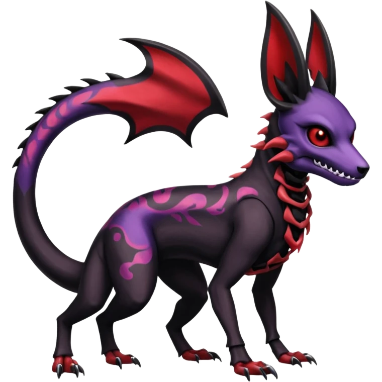 Gothic Black red purple Scaley Exotic Salandit-Umbreon-Houndoom-Fakémon-hybrid-creature (full body), 4 legs, skull face mask emoji