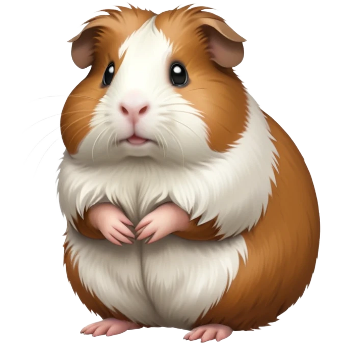 cinematic-[guinea pig]-realistic-full-body-standing-emoji,-tiny-paws-tucked-close,-head-tilted-dramatically,-fluffy-[brown and white]-fur,-simplified-yet-realistic-focused-features,-highly-detailed,-glowing-with-an-almost-sarcastic-glow emoji