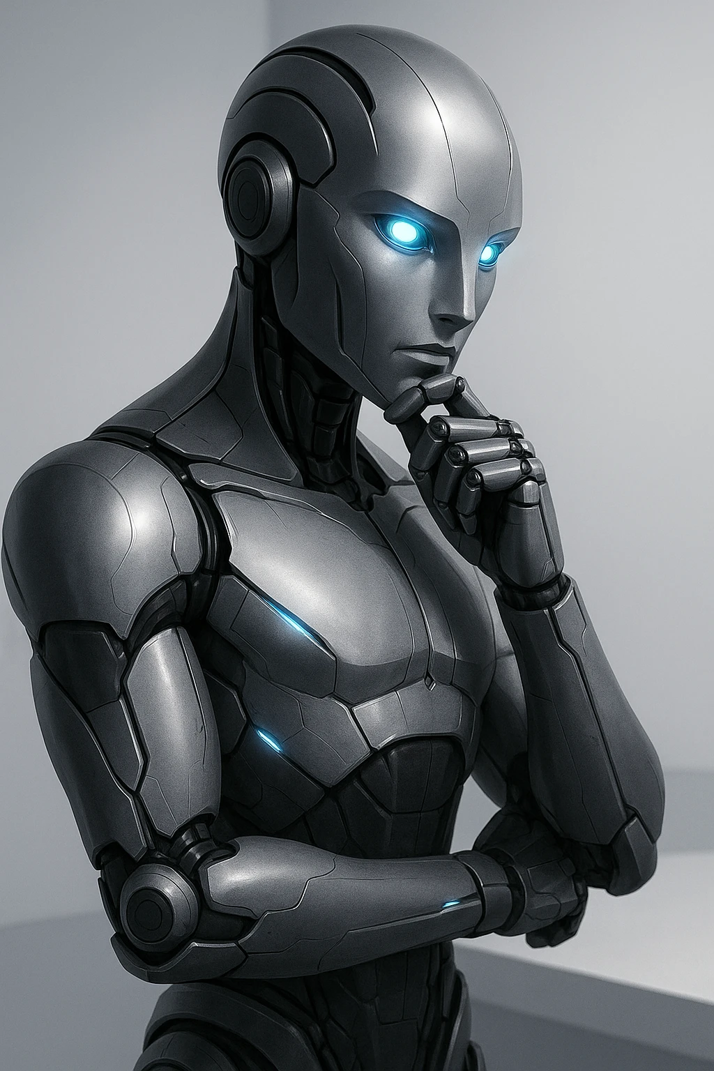 a futuristic robot in a sleek design, glowing eyes, thoughtful pose emoji