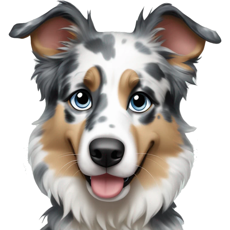 Blue Merle Australia Shepard that has two blue eyes and a black Norse with a white down the eyes  emoji
