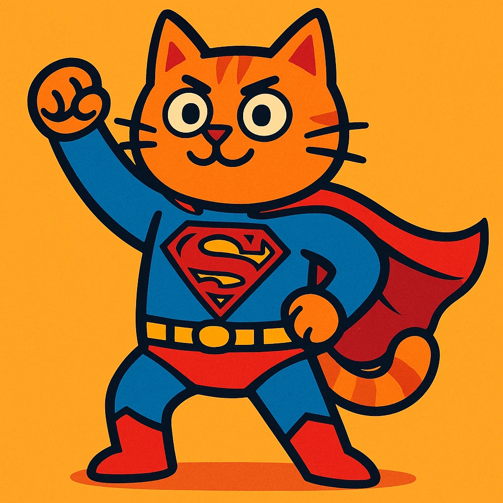 cat wearing Superman's outfit, heroic pose, vibrant colors, cartoon style emoji