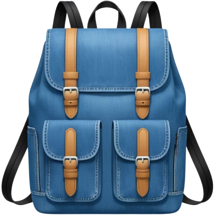 Minimalist emoji-style icon of a stylish blue denim backpack with a flap top, two vertical black buckle straps,and two zipper side pockets. Inspired by Tommy Jeans design. 

 emoji