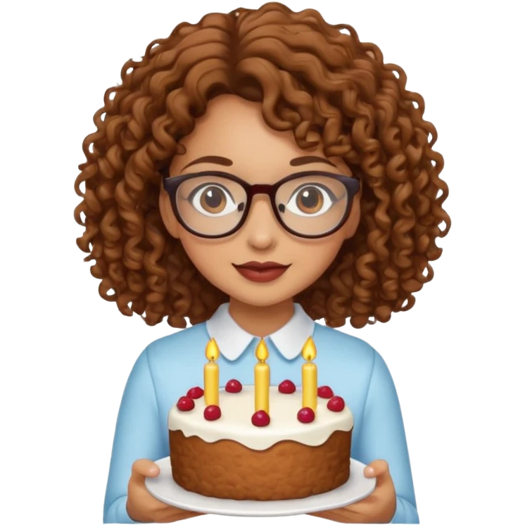 Tanned girl with brown curly hair wearing glasses with a cake  emoji