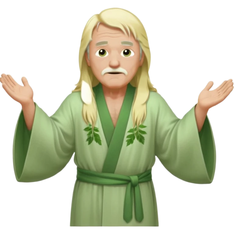 an old man, green eyes, long blonde hair, light green wide, flowing outer robe. opening arms, gazing thoughtfully. Soft light, subtle fern. Waist-up, profile. emoji