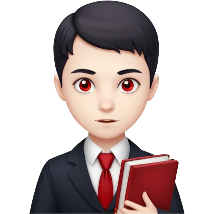 {
      "type": "human",
      "look": "young vampire student, tidy uniform, tie, red eyes, holding book",
      "description": "a young vampire student with red eyes wearing a neat uniform and holding a book"
    } emoji