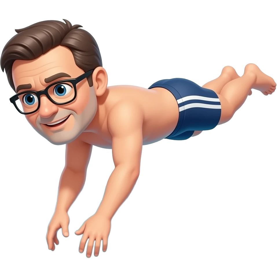 50 year old White  man with no beard  diving into pool  with no swim suit wearing glasses emoji