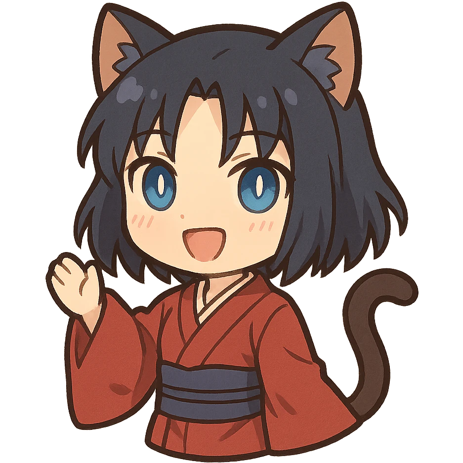 chibi Ryougi Shiki with cat ears and cat tail, magical eyes, smiling expression emoji