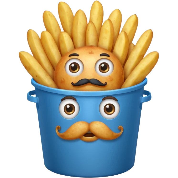 fried potatoes with eyes and mustache, in a blue carton bucket emoji