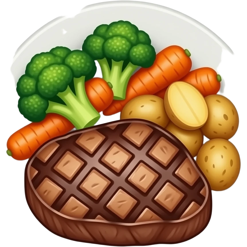 grilled beef steak with broccoli, carrot and potatoes, premium casual game art, 3D cartoon, vibrant colors, front view, centered, no outline, transparent background emoji