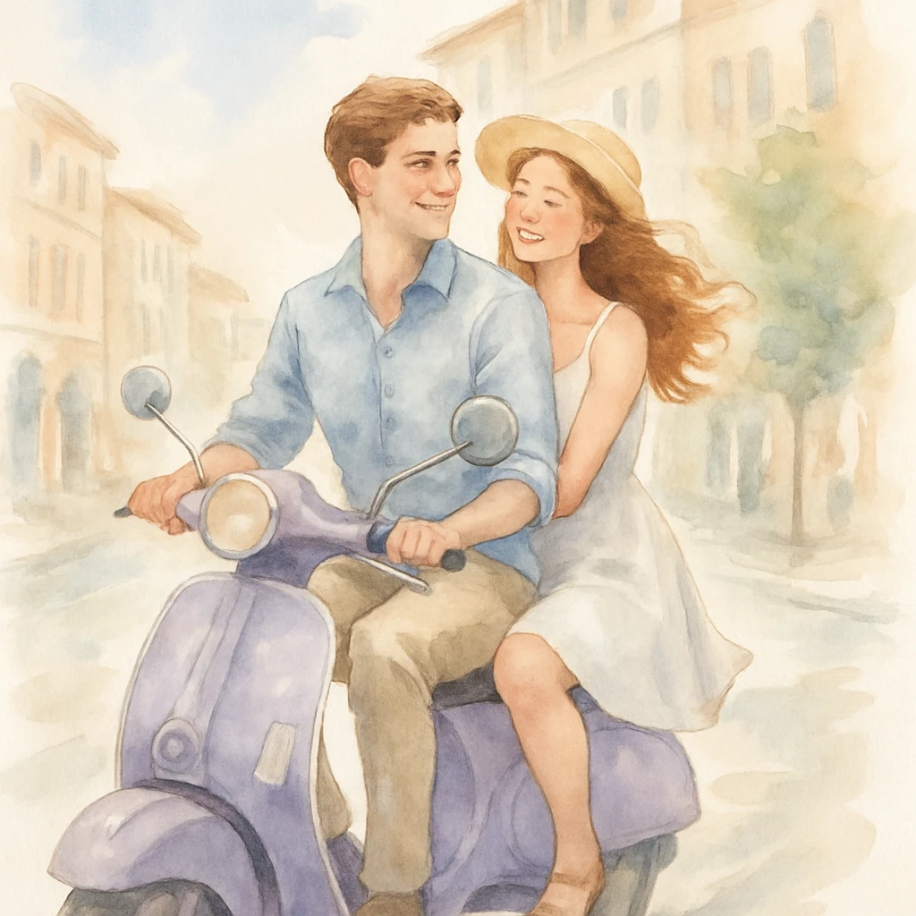 watercolour style, couple on a scooter, city street background, light and airy feel emoji