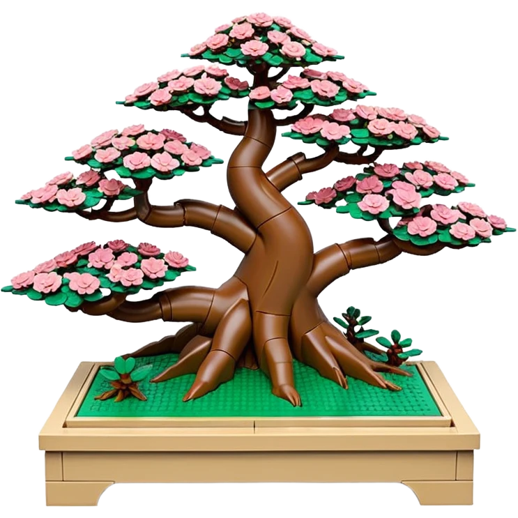 Wide Three 7-tiered Lego bonsai stand, shelving nine maple specimens and several smaller azaleas, frame made of oaken palette wood  emoji