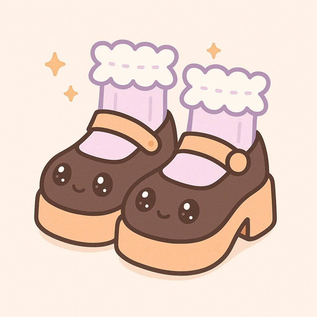 Add cute frilly pastel socks to the BLACKPINK-inspired gothic shoes with pastel orange accents, keep them kawaii style, no hearts. emoji