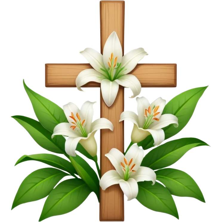 A wooden cross with white lilies around the bottom. emoji