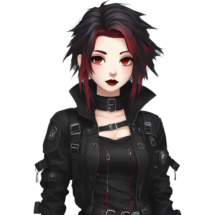 Gorgeous gothic dark techwear anime style lady with blushing face aesthetic and pretty edgy black red punk messy hair with collar and harness trending style emoji