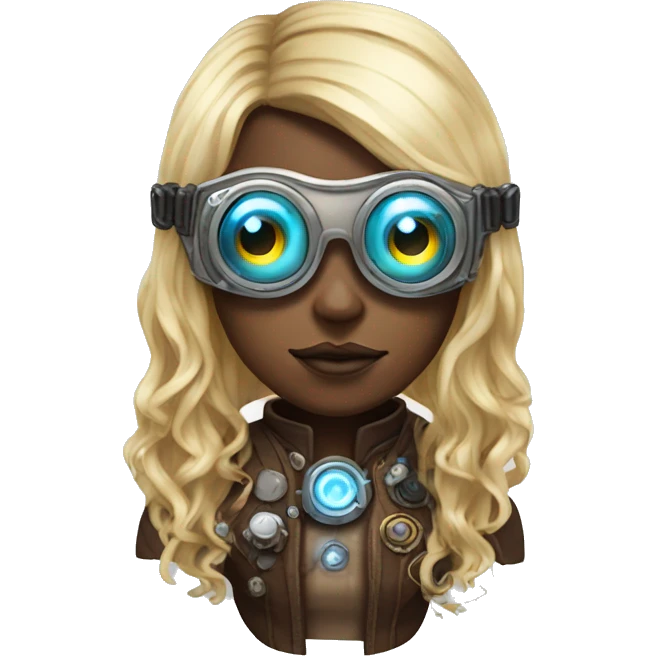 Brown long hair with blonde steaks female cyborg head, fair skin, steampunk goggles and circuits emoji