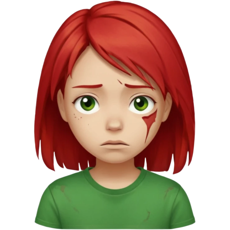 Young girl with red, damaged, and unattractive hair, wearing a green T-shirt, with a sad and subdued expression. emoji