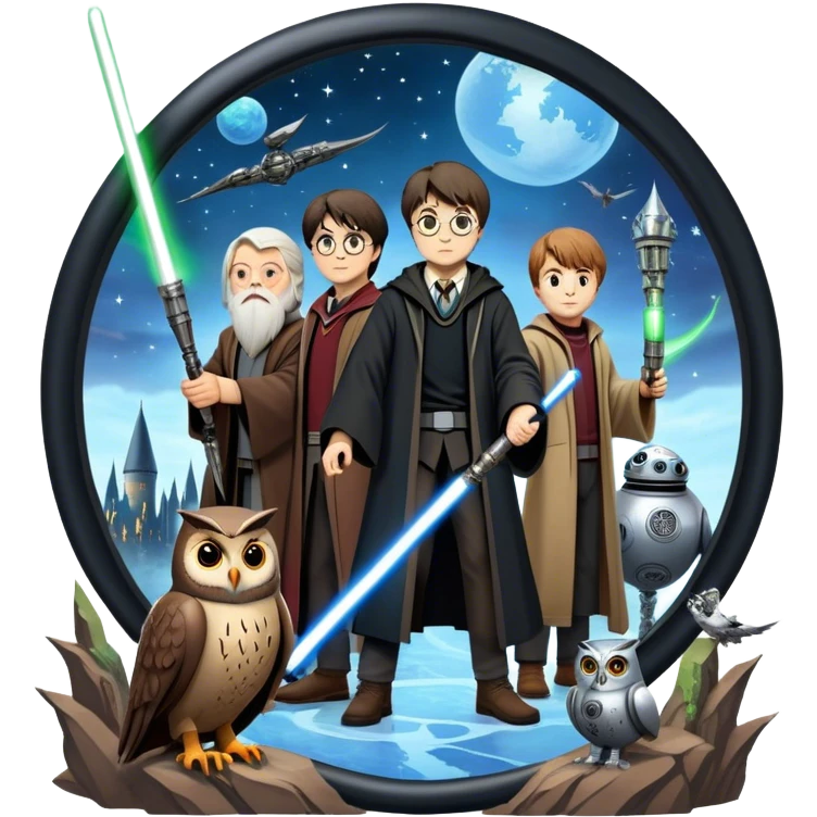 Icon for Fantasy and Sci-Fi Movies: Collage featuring Harry Potter with his wand, Dumbledore. Luke Skywalker with a lightsaber and futuristic robots. Background with a magical planet, Hogwarts, flying owls and spaceships. Epic and magical atmosphere. Transparent background. emoji