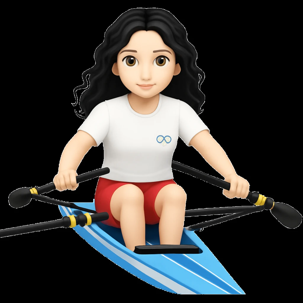 Kızın tenini daha beyaz yap, siyah uzun dalgalı saçlı, kırmızı şort ve beyaz kısa kollu tişörtle olimpik kürek sporu yapıyor emoji