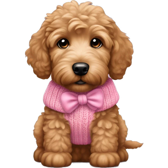 Little brown golden doodle puppy wearing a pink sweater and bunk bow in ears emoji