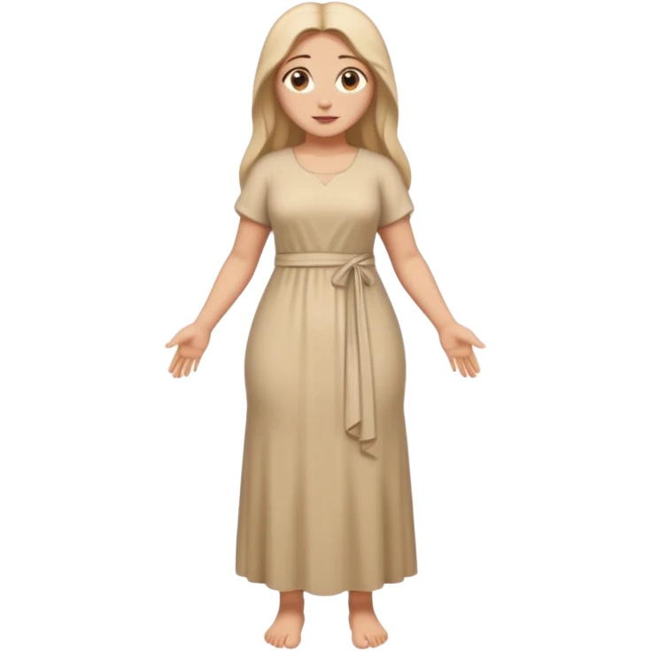 fullbody Mary Magdalene, athletic and curvy, very pretty detailed face, simple light tan dress, arms down pose, emoji style emoji