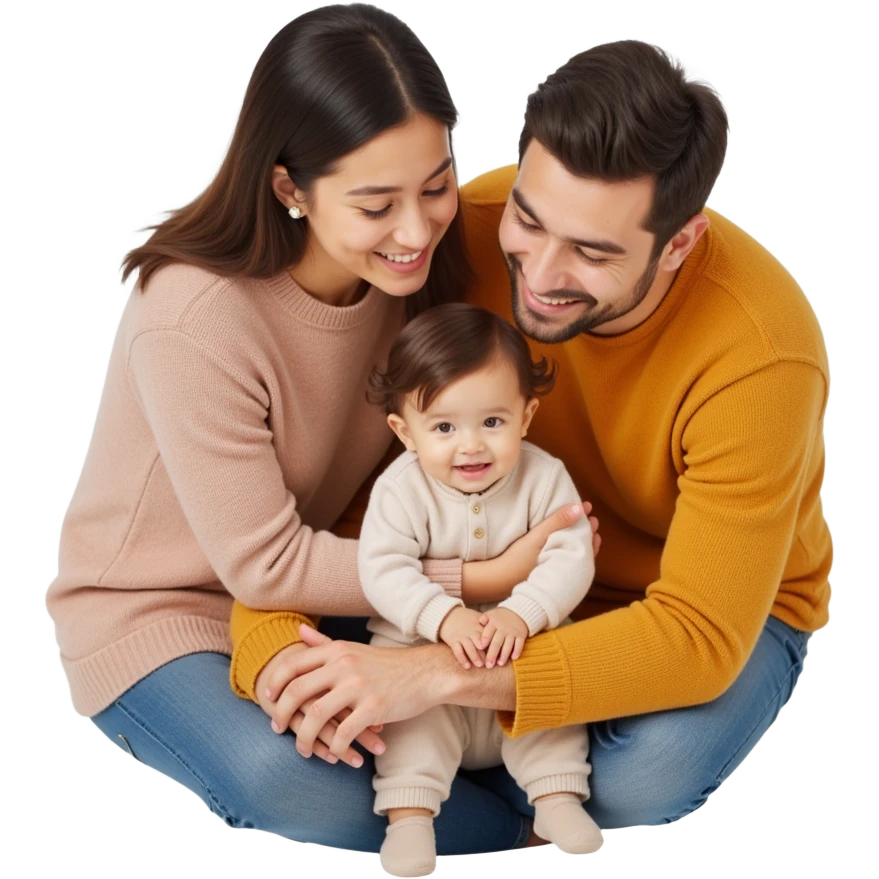 family photo showing a diverse family with two adults and a child smiling together, realistic skin, hair, and clothing textures, skeuomorphism style emoji