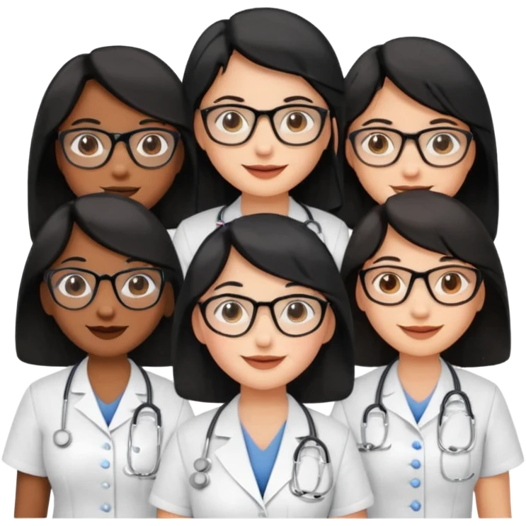 Genera un emogis con cuatro enfermeras pelinegra juntas, entre ellas una con lentes y otra con lunar encima del labio emoji