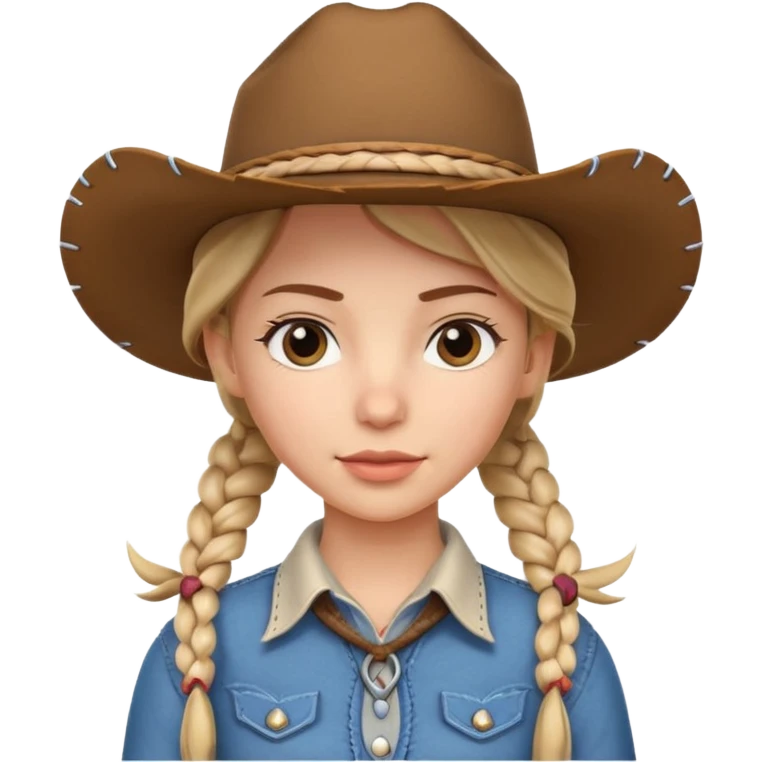 cute cowgirl portrait, head and shoulders only, cowboy hat, braided hair, western outfit collar, confident expression, 3D cartoon, mobile game icon style, clean background, no text, no watermark
 emoji