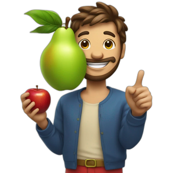 fruit man in fruit outfit smiling at the camera with an apple in his hand and pointing behind him emoji