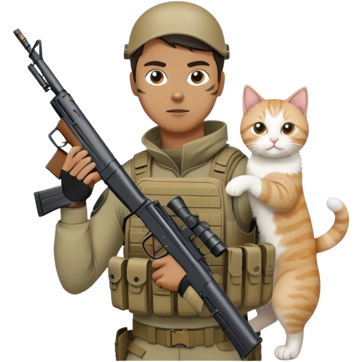 Man in tactical airsoft gear holding a gun in one hand and a white and brown cat in the other hand emoji