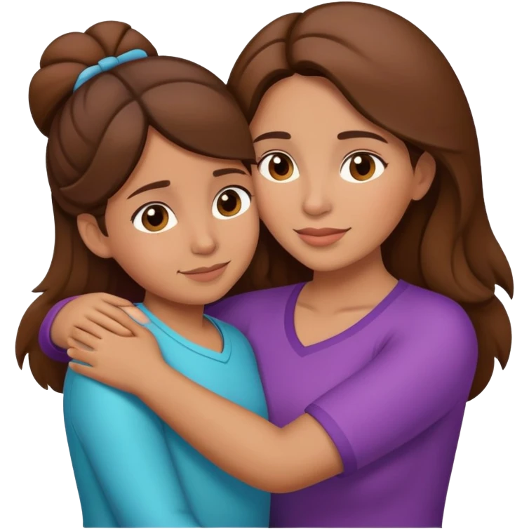 Hispanic mother and daughter brown hair hugging emoji