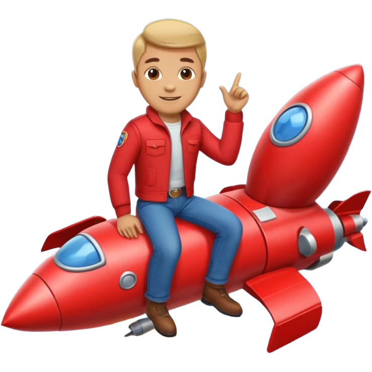 man with red clothes and blue yeanse. sitting on a rocket emoji
